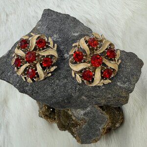 Vintage ART Arthur Pepper Orange Rhinestone Enamel Clip-on Earrings 1.25" X 1.25